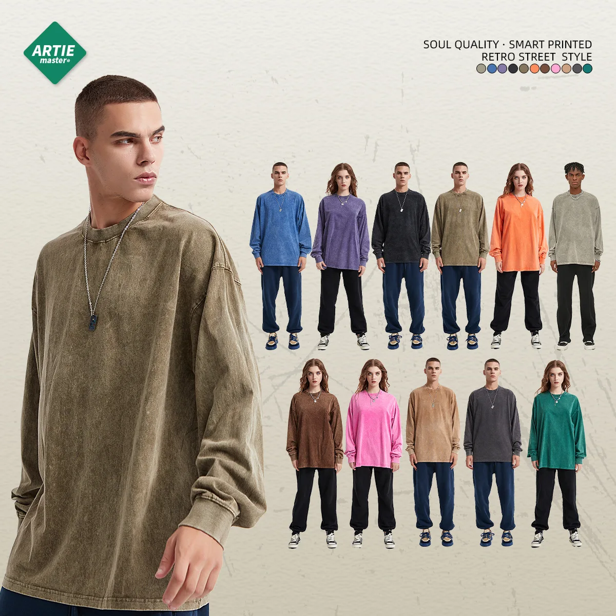 

Футболка Artie Master Wax Dye с длинным рукавом, мужская, однотонная, выцветшая, осенне-зимняя, свободного кроя, дышащая, повседневная