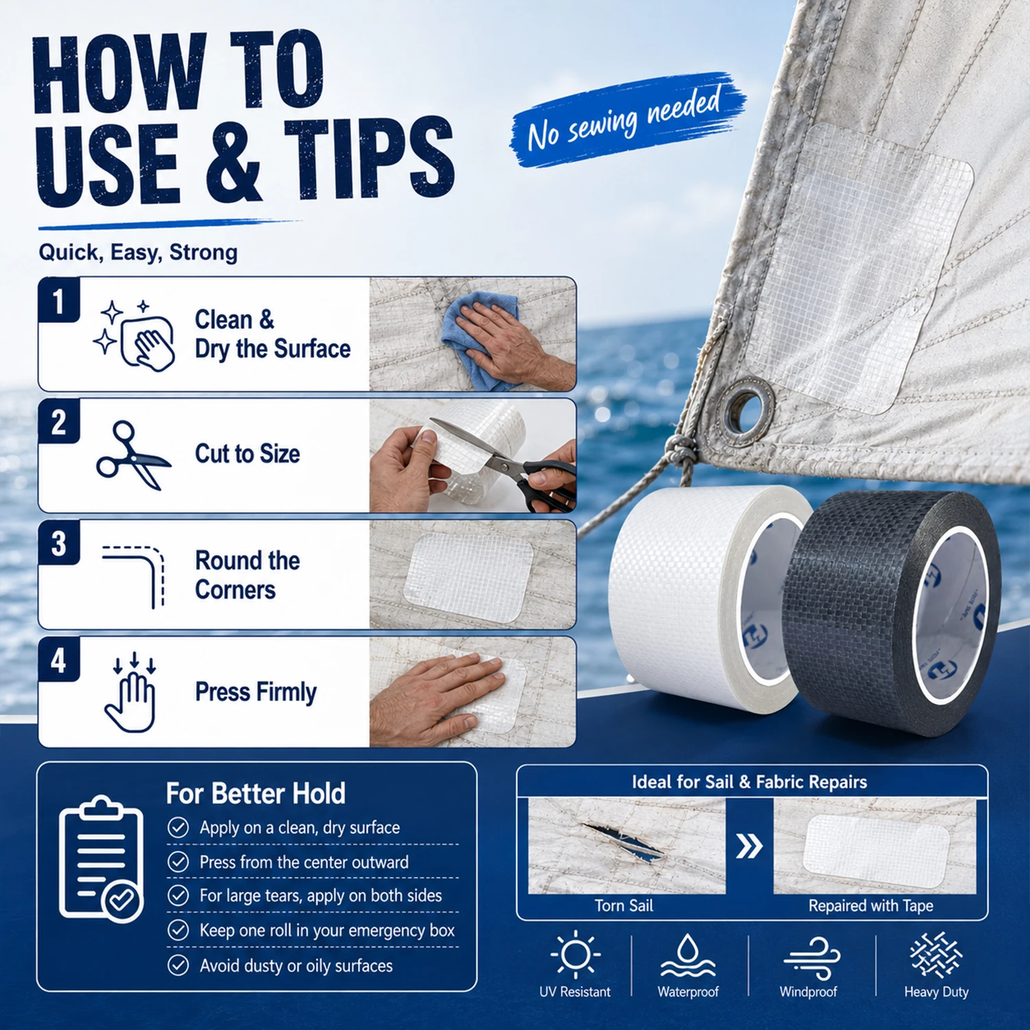 Reparaturband aus Segeltuch in Marinequalität, superstark klebend, wasserdicht, UV-beständig, für Bootssegel, Abdeckungen, robuste Reparatur von Rissen – Detail 9