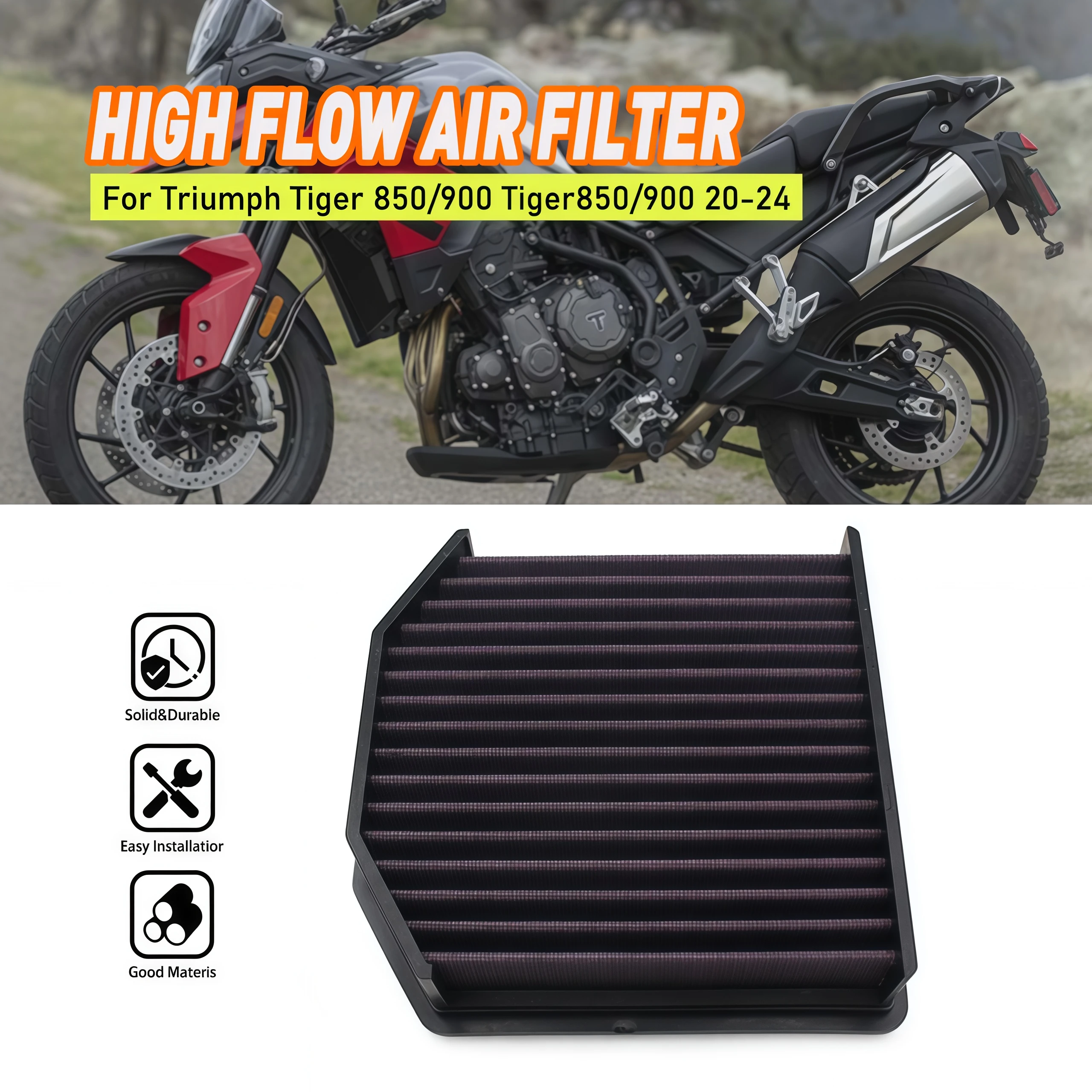 

Washable High Flow Air Filter For Triumph Tiger 850 Sport 2021 2022 2023 2024 Tiger 900 GT Rally Pro ABS