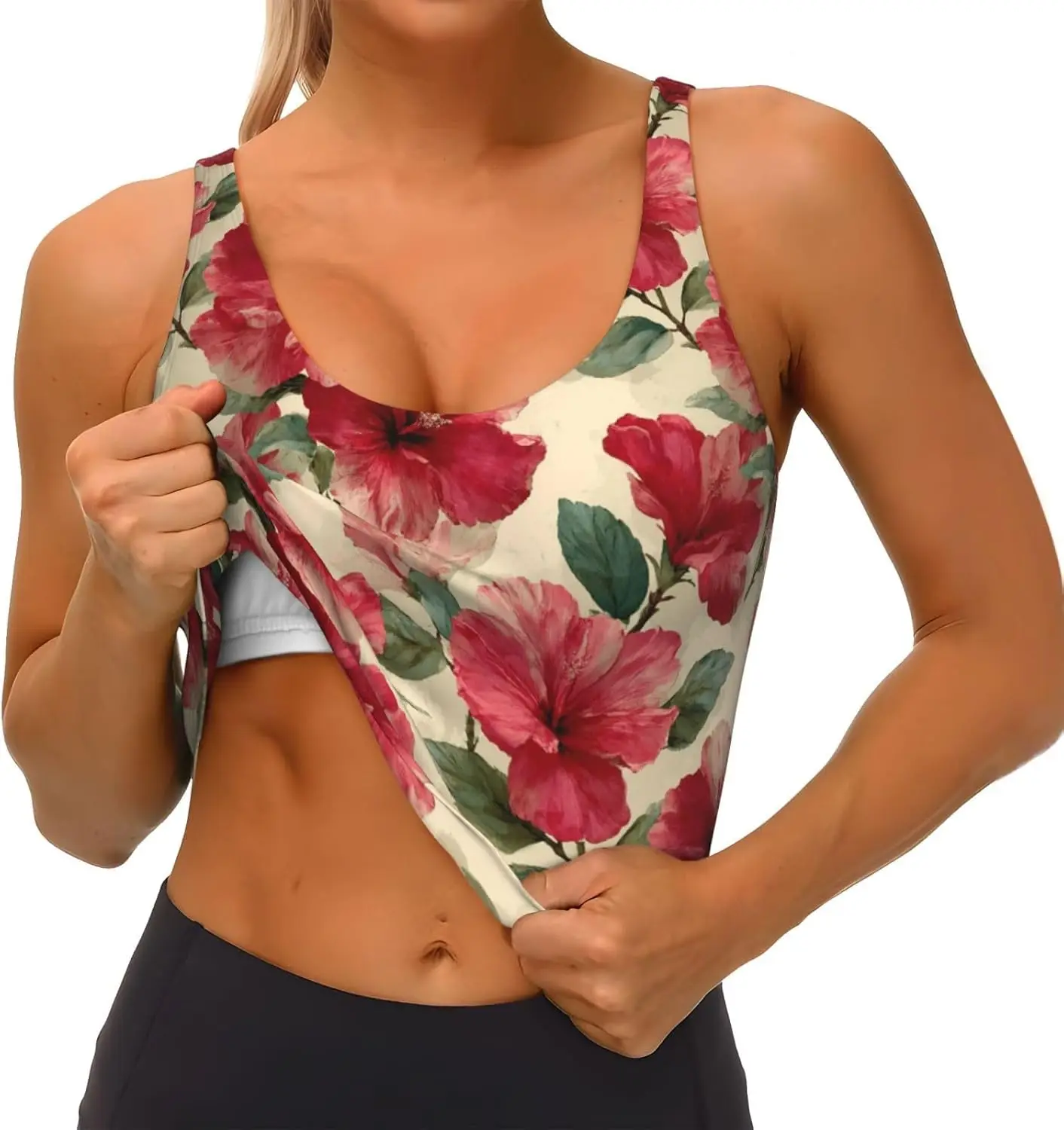 Reggiseni sportivi da donna in stile Hawaii con fiore di ibisco rosso, top corto da allenamento per yoga con cuscinetti incorporati