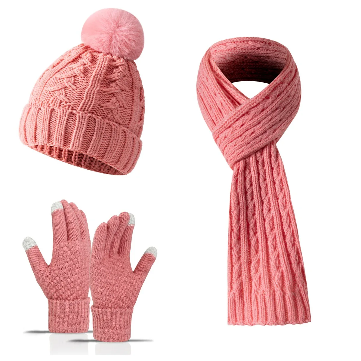 3Pcs Women Winter Knit Set Warm Beanie Hat Long Scarf Touchscreen Gloves Soft Thermal Outdoor Cold Weather Accessories