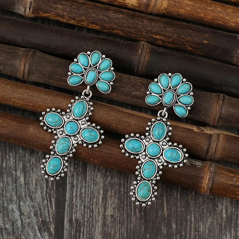 Blessed Christian Jewelry Western Style Faux Turquoise Stone Cross Earrings 2024 Wholesale Women\'s Western Cross Stud Earrings