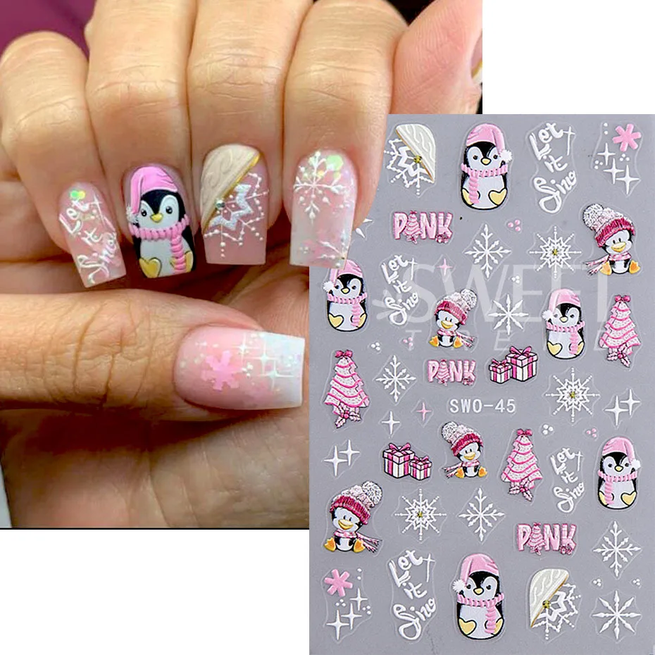 5D Embossed Christmas Nail Stickers Gingerbread Man Snowflake Snowman Penguin Nail Decal Autumn Winter Nail Supplies Decoration