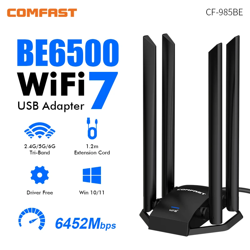 COMFAST Wifi 7 USB 3.0 Wi-fi adapter 6500Mbps Wireless Network Card 6G/5G/2G 4*5dBi Antennas Receiver 1 Meter Extension Cable