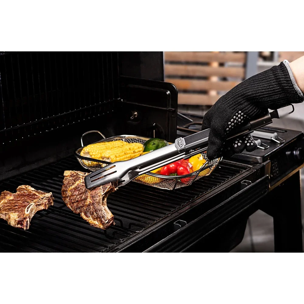 

Stainless Steel Grilling Tools Set 4 Piece BBQ Set with Tongs Spatula Fork Basting Brush Ergonomic Handles Hooks Dishwasher Safe