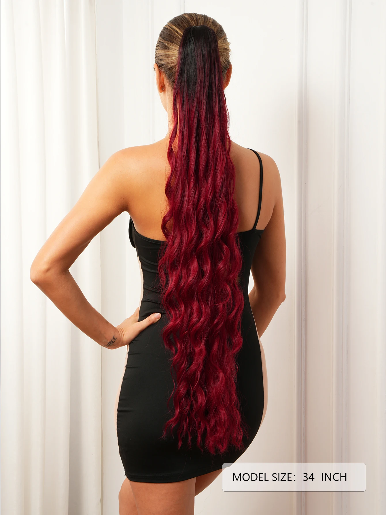 1 Pieces Synthetic Hairpieces Wrap Around Clip in Ponytail Extension Water Deep Wave ponytail wig Gradient red 34 Inch Top Qua