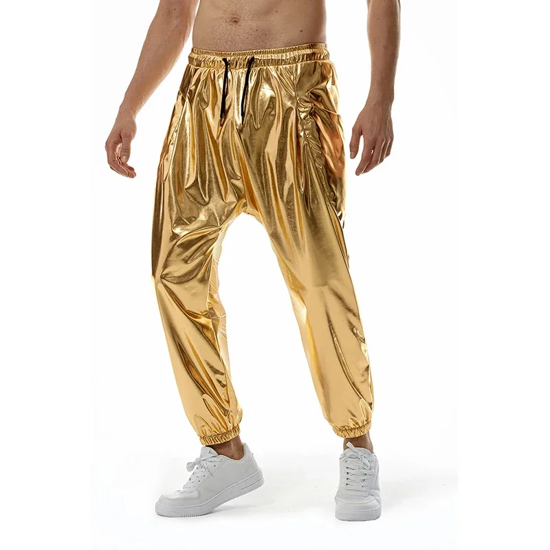 2024 Mens Metallic Shiny Jogger Sweatpants Disco Elastic Trousers cyberpunk aesthetic Fashion Pants for costume party