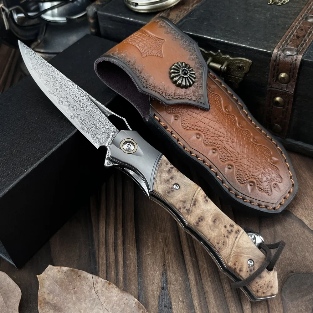 crocodile Damascus Steel Folding Pocket Knife, Men's EDC Pocket Knife with Sheath, Camping Hunting Outdoor Survival tools view 4