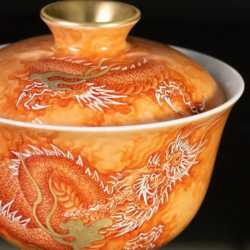 Sacred Mountain Jingdezhen Pastel Hand-Painted Alum Red Song Dynasty Dragon Pattern Chinese Handmade Ceramic Tea Set Gaiwan