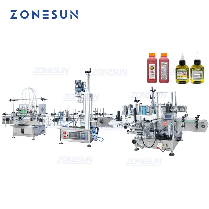 ZONESUN ZS-FAL180C9 Desktop Automatic Essential Oil Square Bottle Filling Capping And Double Side Labeling Machine Line