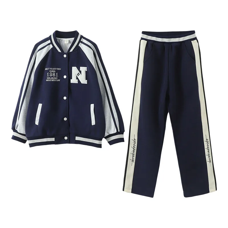 Korean Spring Autumn School Girl Baseball Suit Teenager Girl Contrast Striped Coat+Sweatpants Child Jogger Workout Set 5-14Yrs