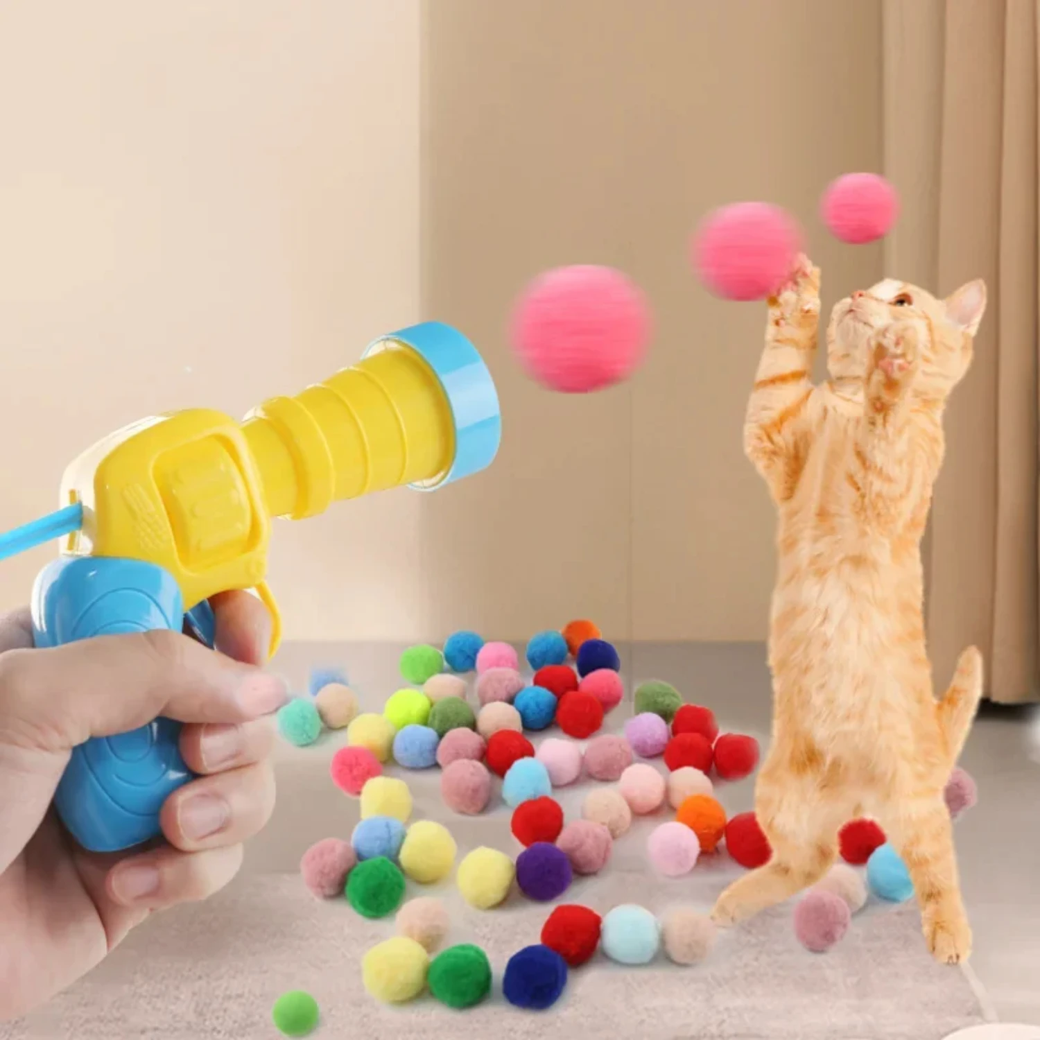 Engaging and interactive Creative Mini Shooting Gun Cat Toy - Playful and Entertaining Fun Plush Ball Pet Kitten Games - Endless