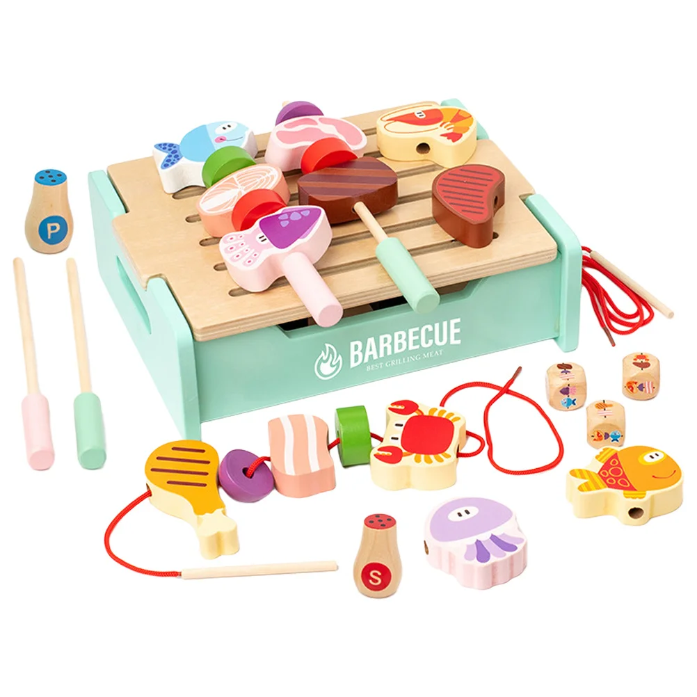 1 set 1 set houten barbecue-grillspeelgoed, gesimuleerde keukenspeelset, kinderen doen alsof kookspeelgoed, voedselbarbecuespeelhuis voor kinderen,