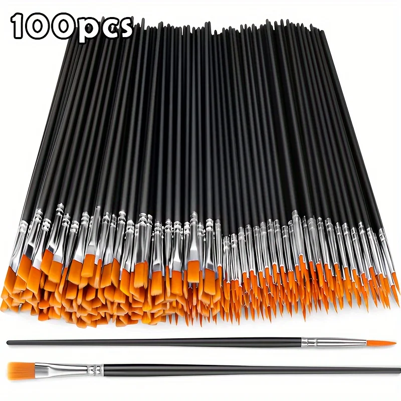 100 Pack Nylon Art Paint Brushes Flat Round Pointed Tips Multipurpose Painting Tools For Watercolor Acrylic Rock Nail DIY Crafts