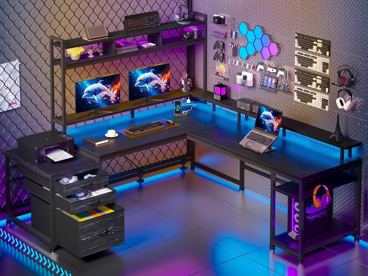 L Shaped Gaming Desk 64x59 Inch with Shelf LED Lights 4 Layout 4 AC 2 USB Charging Ports Remote Control Black, Customized