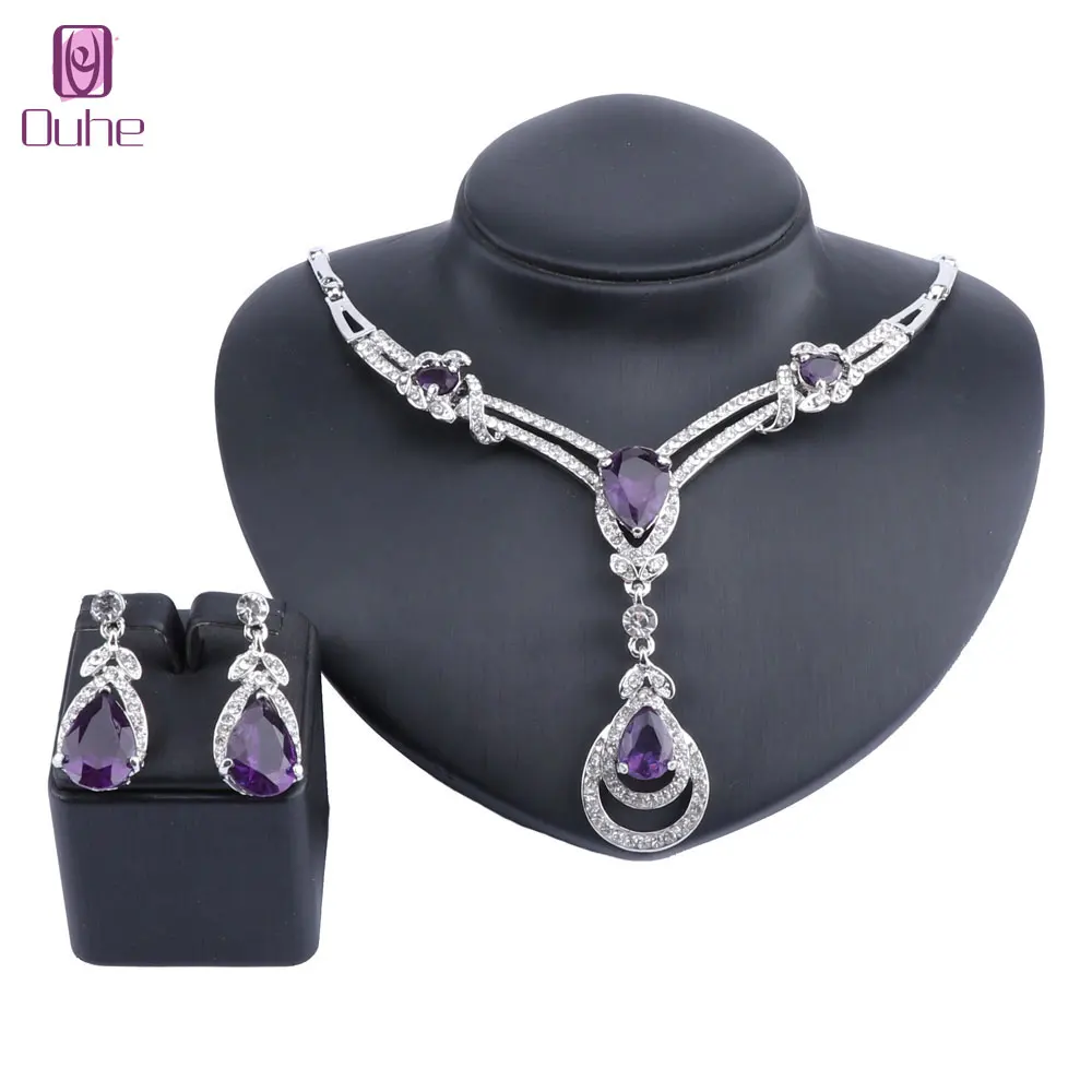 Women Cubic Zirconia Gold Color Austrian Crystal Water Drop Necklace Earring Jewelry Set Fit with Wedding Dress