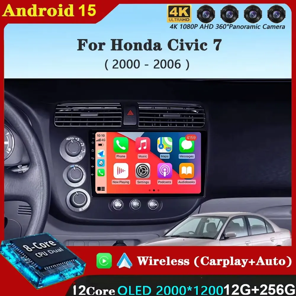 

Android 15 Carplay Auto для Honda Civic 7 LHD RHD 2000-2006 Автомобильный радиоприемник Мультимедийный видеоплеер Навигация GPS Без 2Din 2 Din 4G