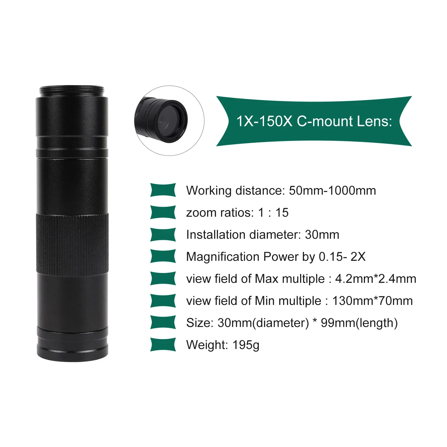 YIZHAN 0.5X Auxiliary Barlow Lens Objective 150X C-mount Zoom Lens 25mm Focus Field Of View 28/42/50mm Installation diameter