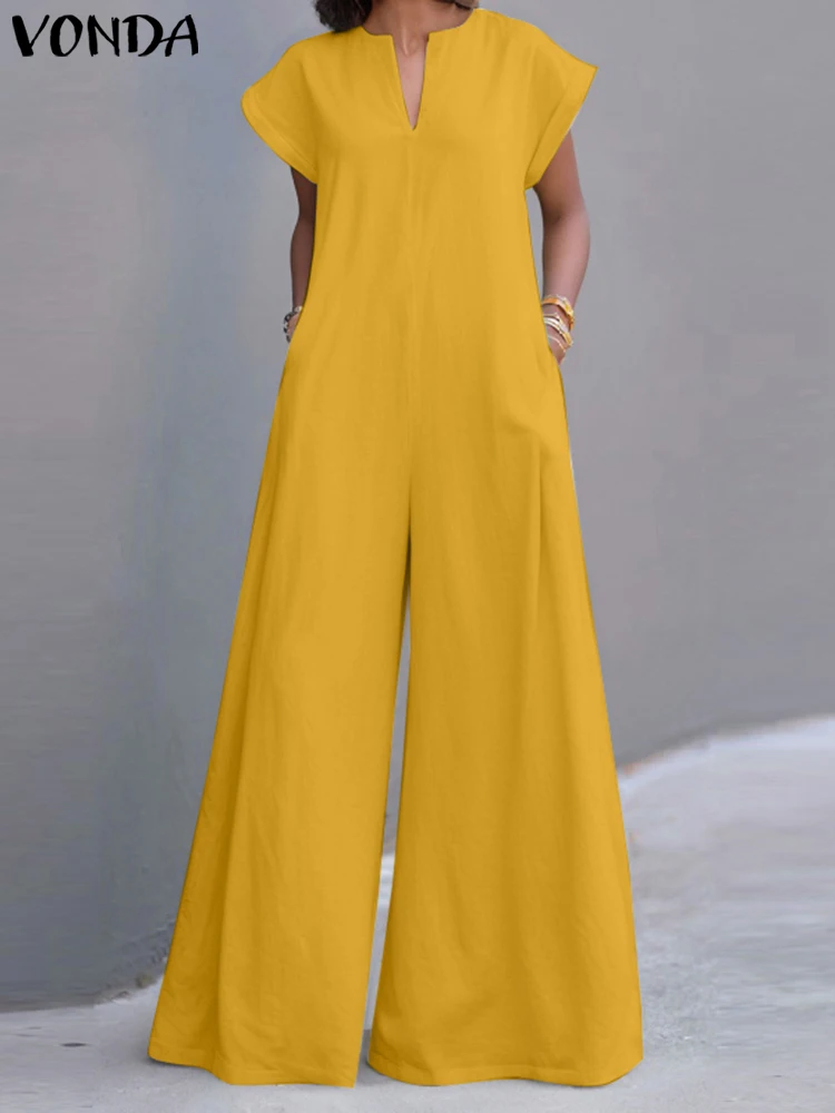 

2025 Summer Playsuits VONDA Elegant Long Jumpsuits Women Short Sleeve Rompers Fashion V-Neck Loose Solid Color Wide Leg Pants
