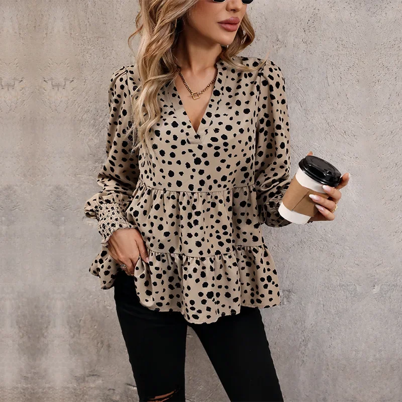 Blusa de manga larga con estampado de leopardo para mujer, camisa elegante con volantes y cuello en V, Tops a la moda