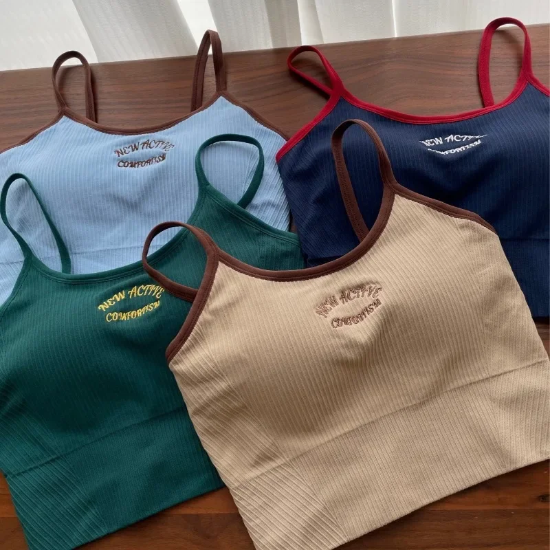 Retro Contrast Color American Sports Underwear Women's Yoga Vest U-shaped Beautiful Back Fitness Suspender Integrated Bra