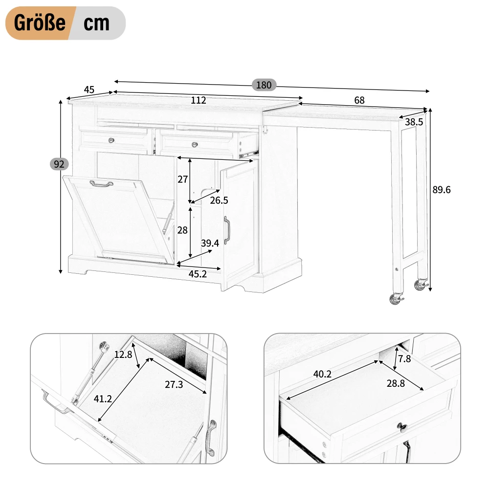 Picture 5: Multifunctional Mobile Kitchen Island on Rollers, Freestanding Extendable Kitchen Island with Pull-out Extractable Dining Surface, Hidden Trash Bin and Multiple Drawers, Practical Rolling Storage Unit for Kitchen & Dining Room