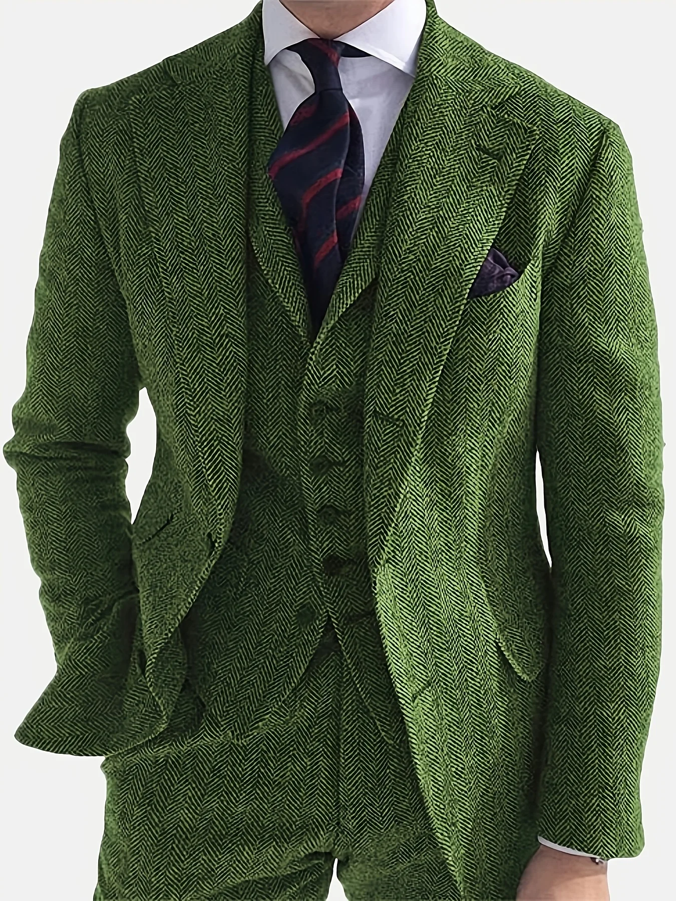 Men's Green Herringbone Texture Blazer, Sophisticated Business Style, Structured Fabric, Slim Fit Design, Formal Occasion Statem