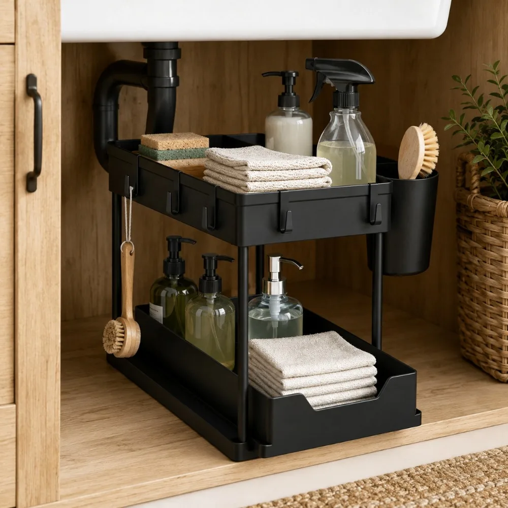 Pull Out Cabinet Storage 2 Tier Black Under Sink Organizer With Sliding Bottom Basket And 4 Hooks, Space Saving Cleaning Supplies Rack For Kitchen Bathroom Vanity