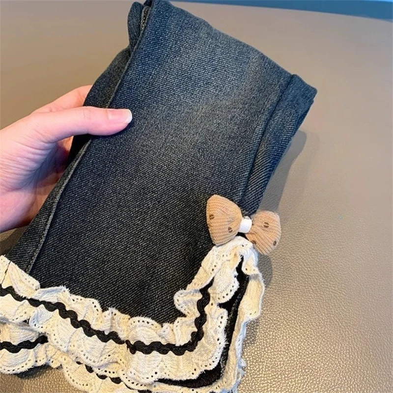 

2025 Hot Selling New Sweet and Soft Bow Lace Hem Decoration Elastic Waist Jeans