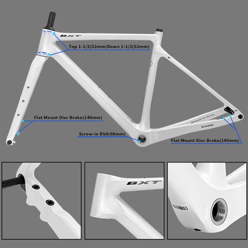 BXT Full Carbon Gravel Bike Frame Internal Cable Fully Hidden Cable Gravel Bicycle Frameset Road Bikedisc Brake