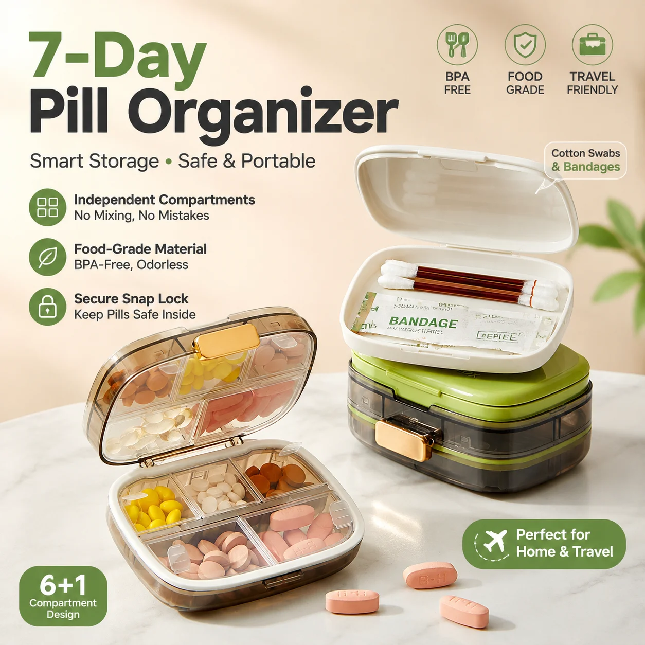 Pill Organizer 10 Compartment Weekly Medicine Box Portable Travel Daily Vitamin Case Leakproof Large Capacity Drug Storage