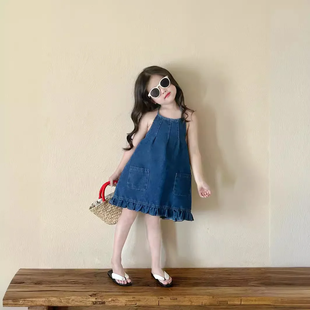 Children Skirt 2024 Summer Girls Western Style Strapless Denim Dress Children Korean Style Skirt Baby Slip Dress Clothes