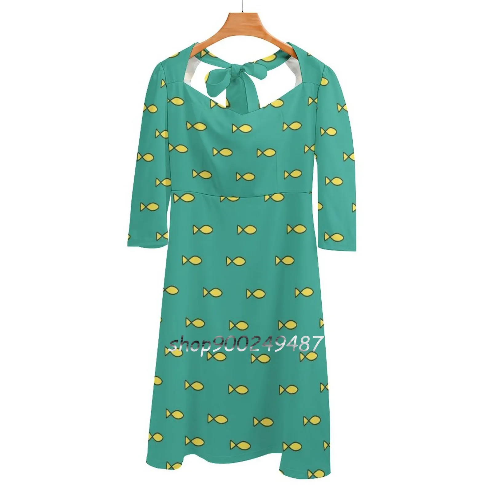 Yellow Fish Pattern Flare Dress Square Neck Dress Elegant Female Fashion Printed Dress Netflix Costume Cosplay Fish Cat Teal