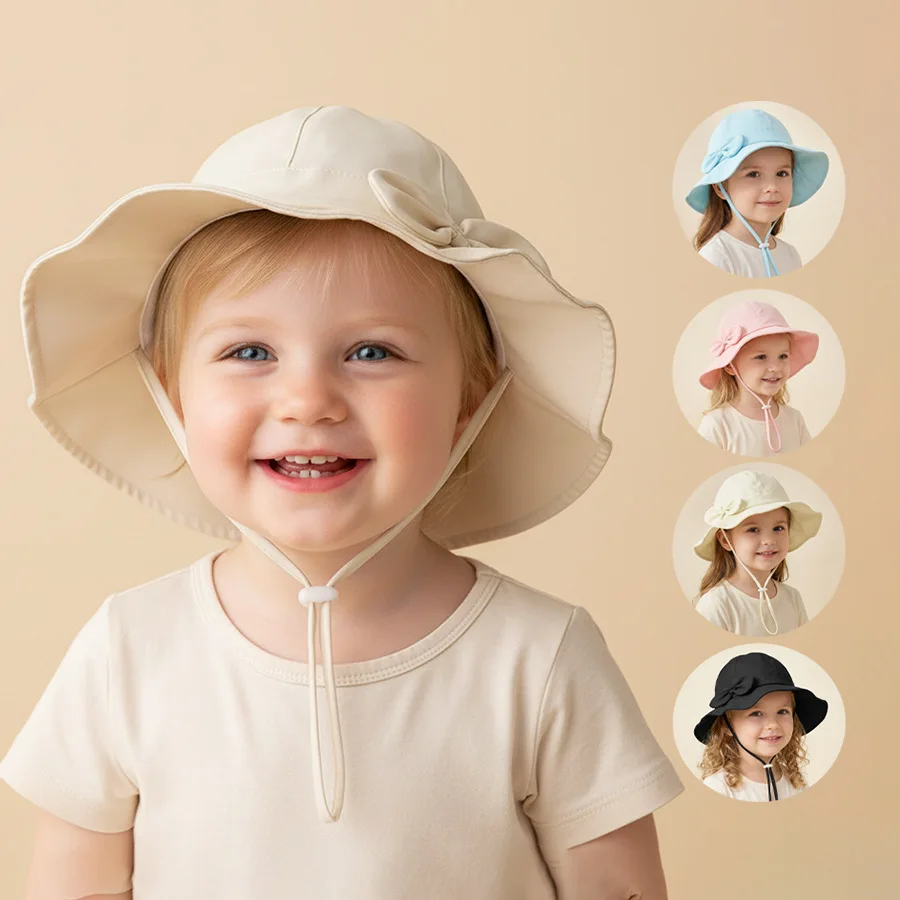 

0-8Y children's spring and summer thin dome soft and cute bow sunshade fisherman hat children's cotton solid color sunshade hat