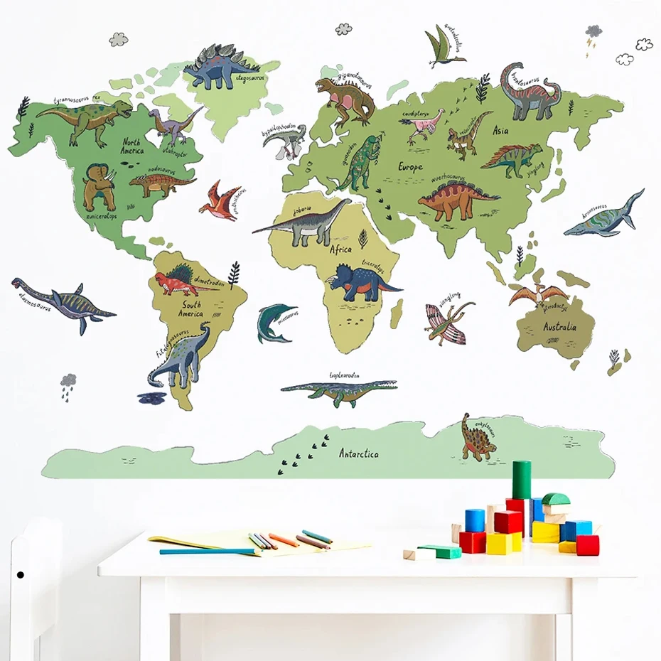 

Watercolor Cartoon Dinosaur Map Wall Stickers for Nursery Kids Room Bedroom Kindergarden Decorative Wall Decals Wallpaper