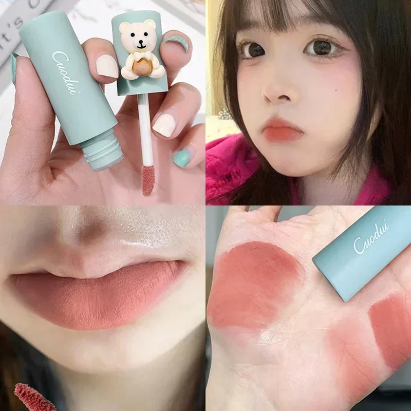 여아용 벨벳 매트 립스틱, 오래 지속되는 방수 블러시, 귀여운 곰 립글로스, 논스틱 컵 메이크업, 립 틴트 머드 화장품 메이크업