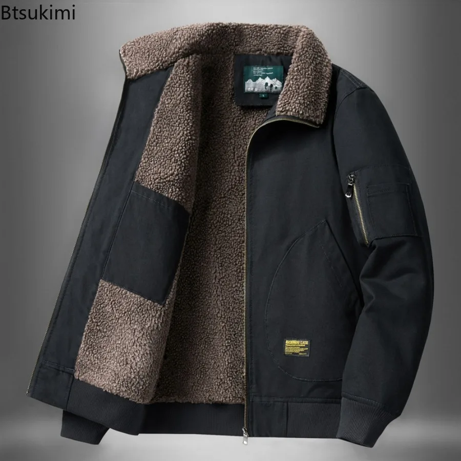 Men's Autumn Winter Lamb's Wool Jacket Solid Color Fleece Workwear Plus Size Outdoor Travel Lapel Coat Men Warm Cotton Clothing