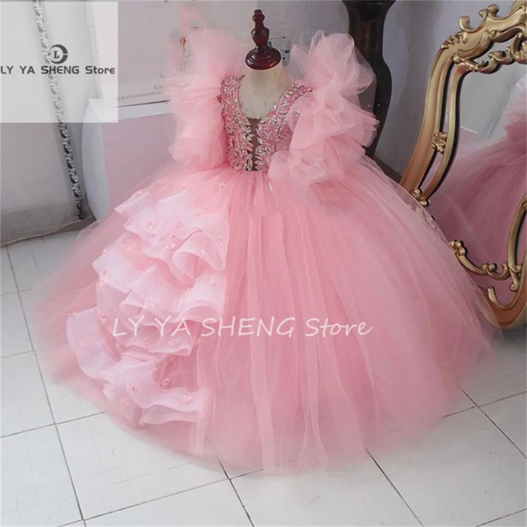 

Pink Lace Crystals Flower Girl Dresses Ball Gown Tulle Little Girl Wedding Dresses Cheap Communion Pageant Dresses Gowns