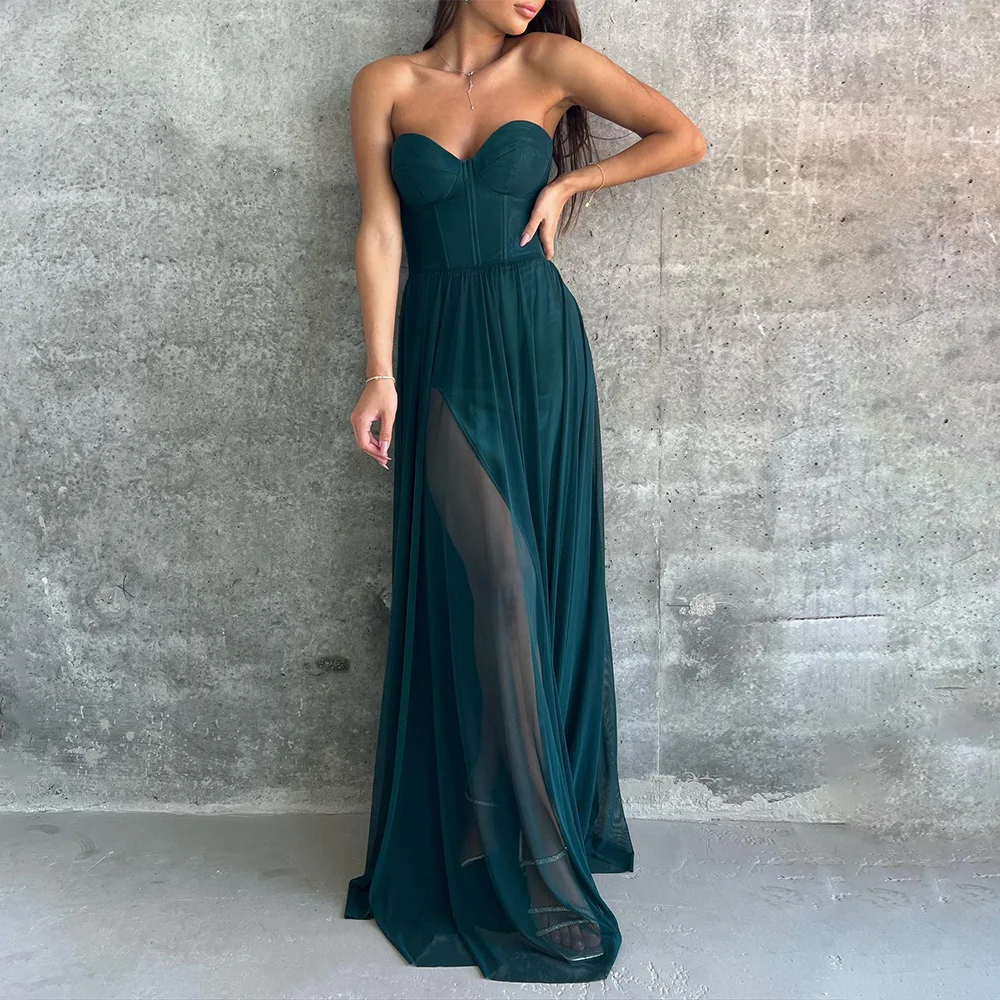 Hunter Green Formal Dresses for Women 2024 Sweetheart Column Evening Gowns Long Spandex Tulle Sleeveless Simple Prom Dress 2024