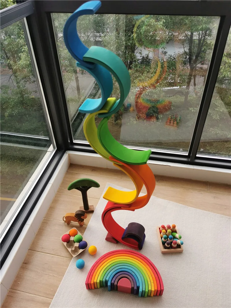 High Quality Wooden Toys Lime Wood Rainbow Arch Stacking Blocks Building Semi Color Sorting Peg Dolls Balls Slat for Kids Play