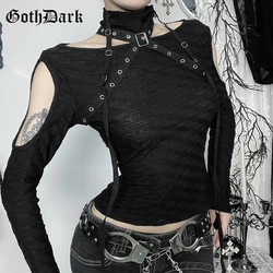 Goth Dark Punk Style Corn Off Shoulder Long Sleeve T-shirts Cyber Y2K Autumn Tops Slim Mall Gothic Hollow Out T-shirt Streetwear