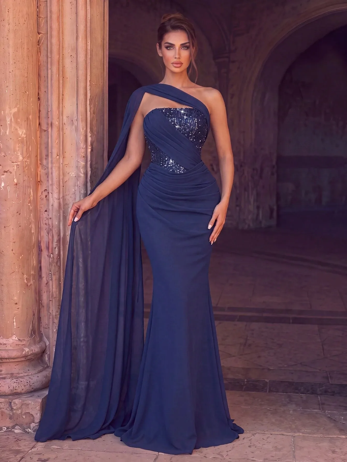 Women One Shoulder Evening Dresses Navy Blue Sequined Bodice Draped Chiffon Mermaid Formal Prom Party Dresses