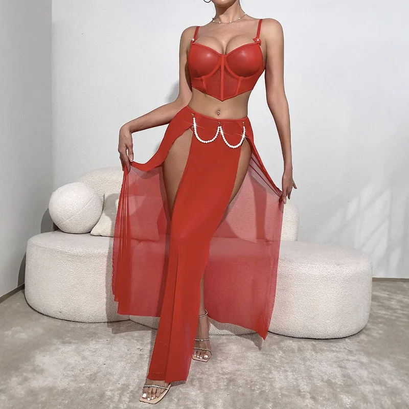 

Sexy Perspective Mesh Slit Lingerie Set Women's Red Long Skirt Split Suit Female See Through Mesh Erotic T-back Suit Three Piece