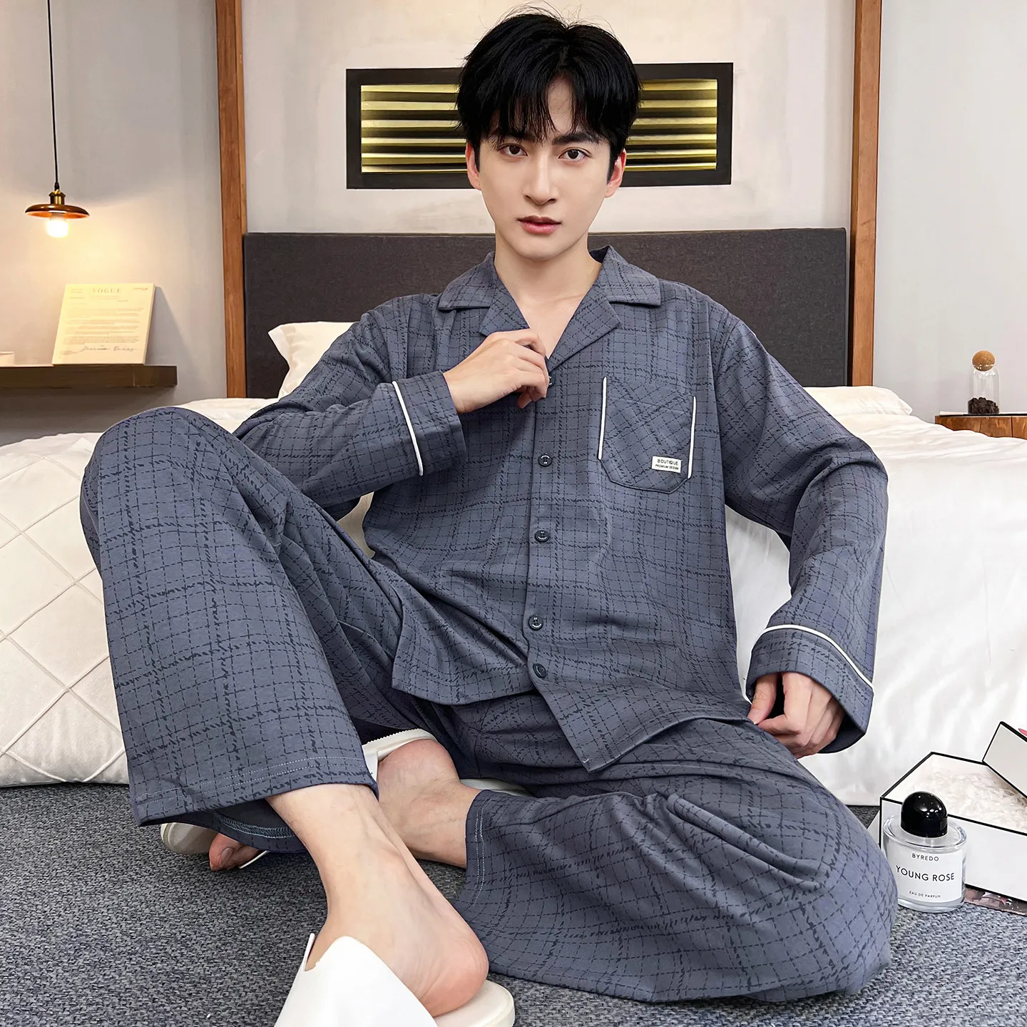 Autumn Spring Long Sleeve Nightwear for Men Cardigan Home Clothes Big Size L-3XL Casual Pajamas Set Big Size 3XL Homewear Homme
