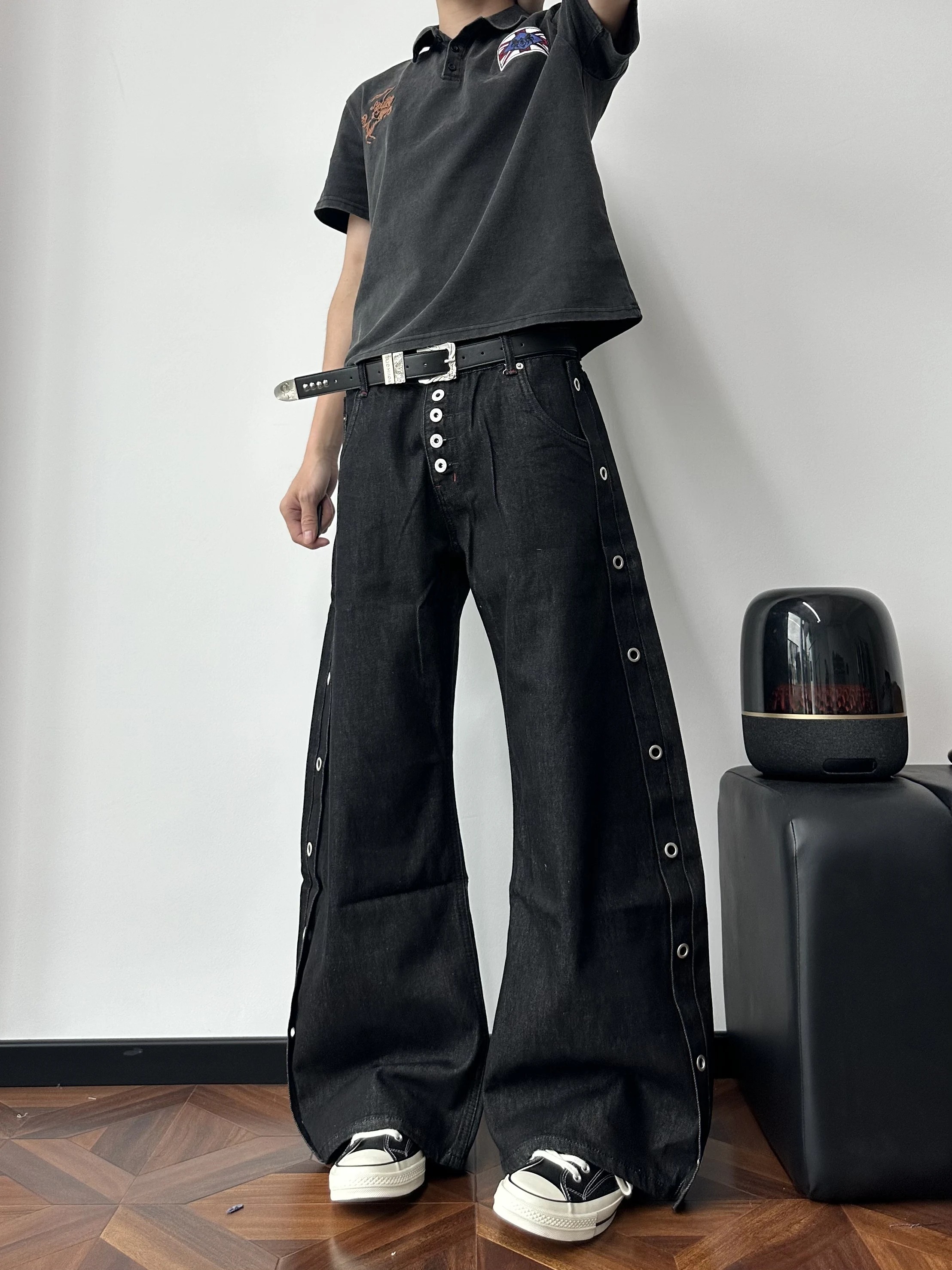 American Street Retro Design Sense Button Original Bull Knife Jeans Men's Loose Match All over Trendy Long Pants