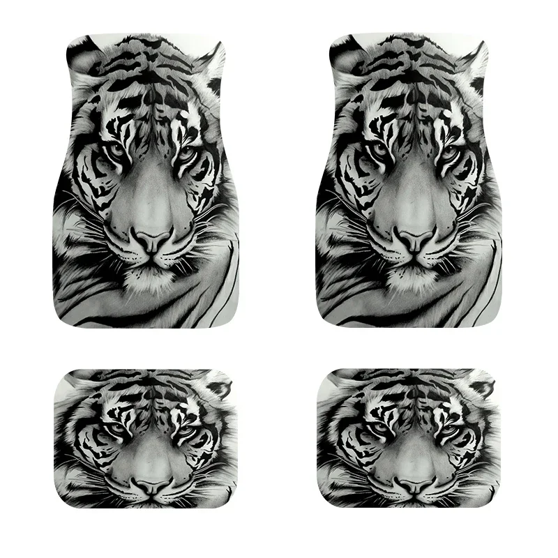 White Tiger Personality Printing Design Rubber Material Non-Slip Stain Resistant 4PCs All-Weather General Car Foot Mat