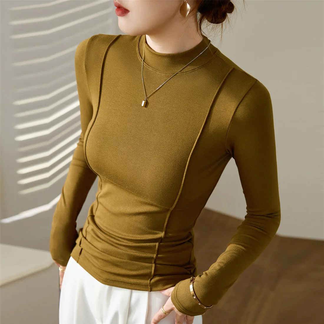 Vintage Coffee Turtleneck T-shirt Women Spring Autumn Casual Long Sleeve Black Tight T-shirt Office Lady Elegant Pullover Tops