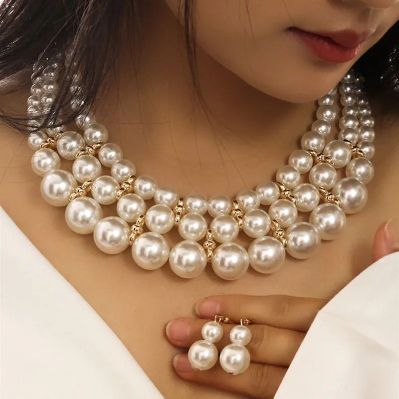 Fashion Ethnic Style Jewelry sets Simulated Pearl Multilayer Necklace Earrings Set For Women Bijoux Vintage Women Accessoires