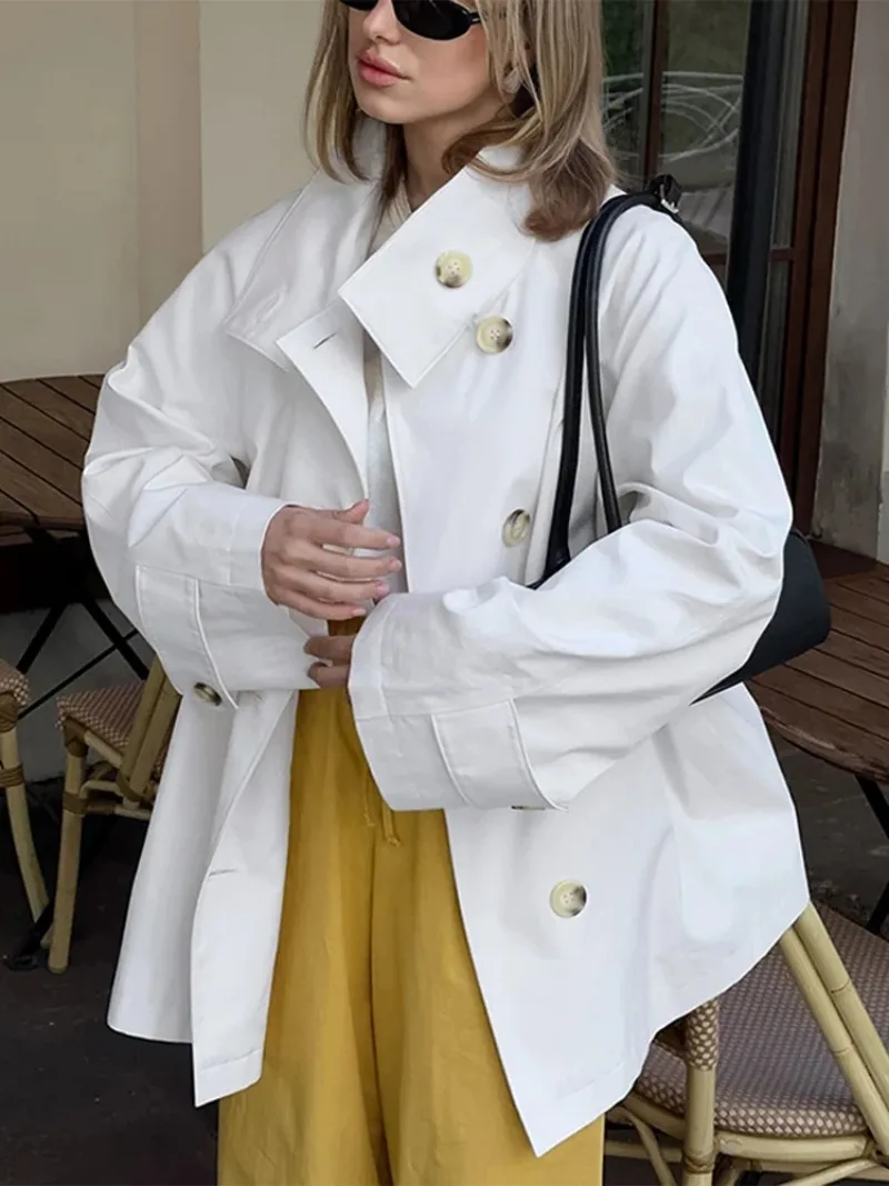 

Fashion Women's Notch Lapel Short Trench Coat Loose Fit White Double-Breasted Casual Daily Outerwear Elegant Female Streetwear