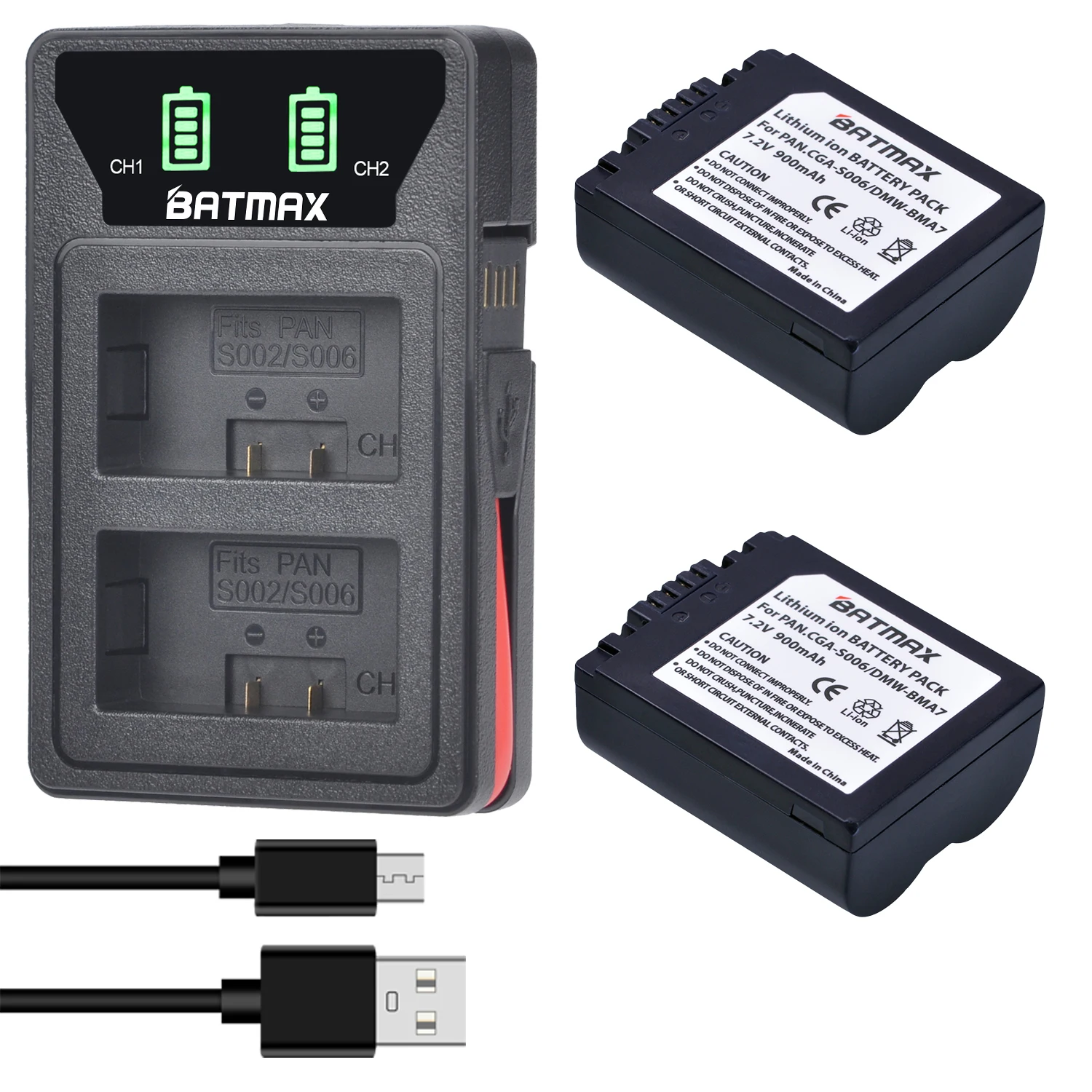 2X 900mAh CGA-S006 S006 DMW-BMA7 S006A CGR-S006E Battery + Dual USB Charger for Panasonic DMC-FZ7 FZ8 FZ18 FZ28 FZ35 FZ50 FZ38